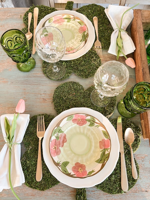 Desert Rose Dishes from Salvation Army thrift Store on a St. Patrick's Day tablescape 