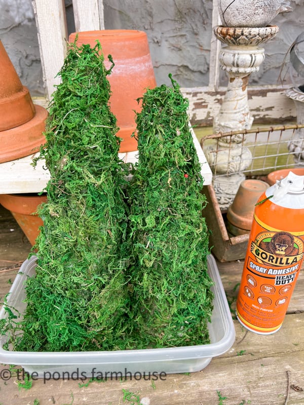 Styrofoam cones covered in preserved moss with spray adhesive