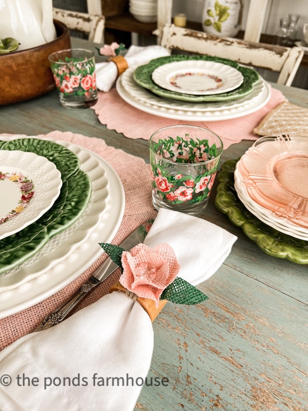 Beautiful Table Setting for Spring Ideas.  Pink and Green mixed with vintage dishes and glasses. 