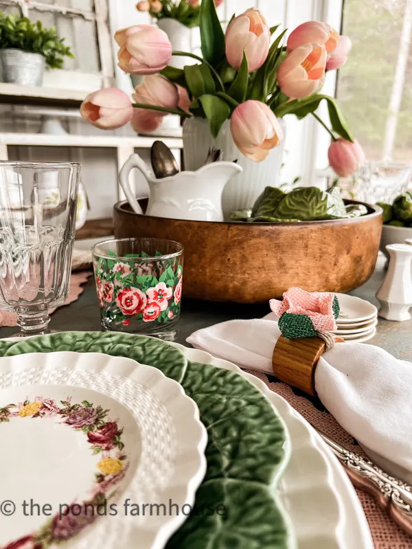 Spode Vintage dishes mixed with green salad plates and DIY napkin rings for table setting for Spring Ideas.
