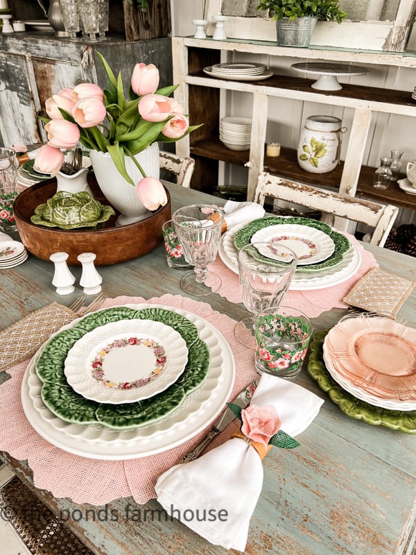 How to make a Beautiful Table setting for Spring with vintage dishes and thrift store finds.  Pink and Green dishes