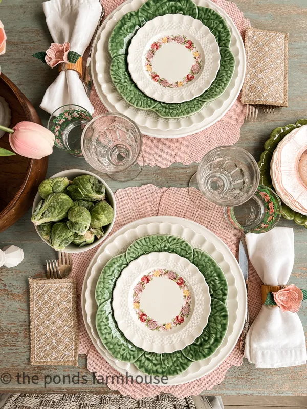 Vintage Spode Dishes mix with DIY placemats and napkin rings for a charming Spring Tablescape