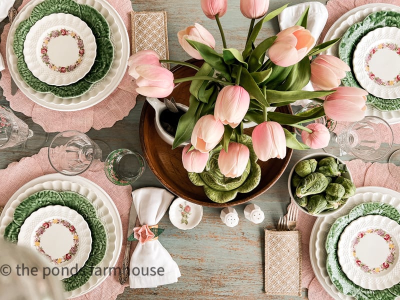 one of 6 beautiful table settings for Spring Ideas with pink and green vintage tableware.