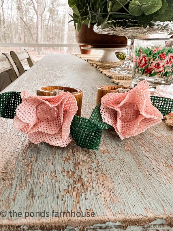 DIY Burlap Napkin rings in Pink for a fun Spring or Summer Tablescape.