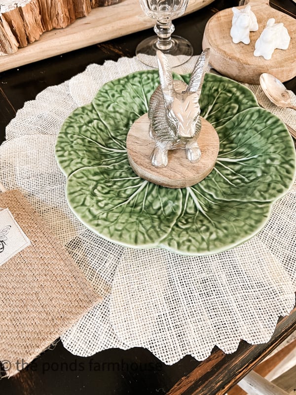 DIY No Sew Placemats with vintage leaf design plate and Bunny Rabbit. 