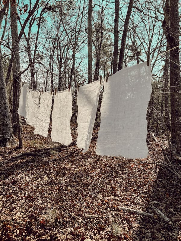 Hang glue-soaked burlap fabric on a clothes line to dry.  