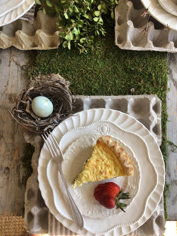 Easter breakfast recipes. Quiche breakfast recipe. Easy quiche recipe. White layers plate setting.