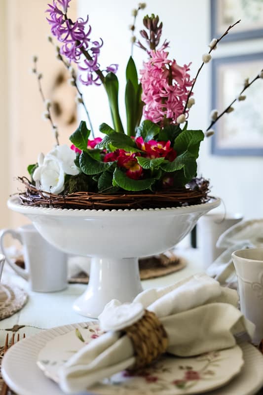 Easter Tablescape Centerpiece with milk glass bowl. 