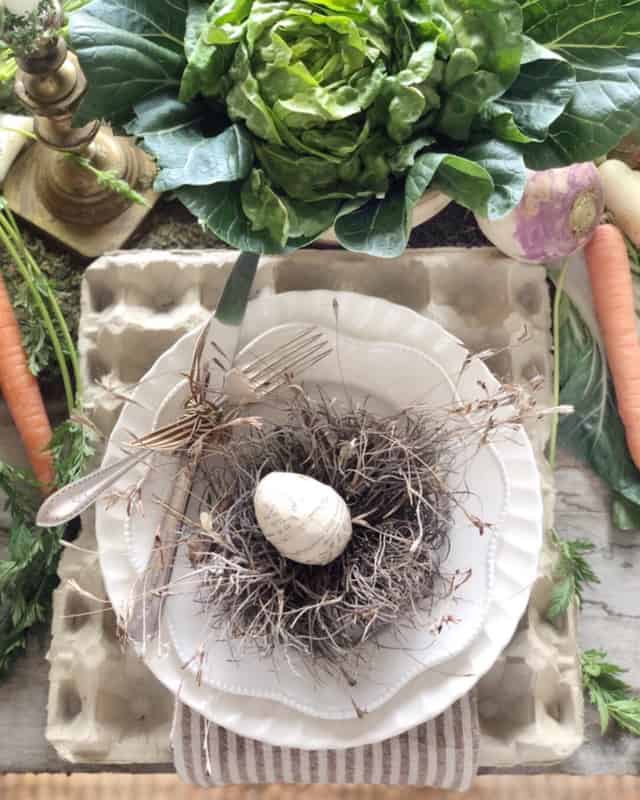 Birds nest in the center of place setting on an egg crate for Easter tablescape.  