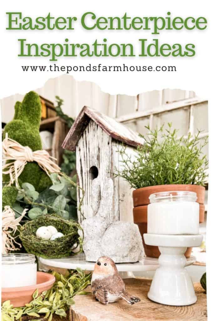Table setting using bird house and moss bird nest with eggs. Farmhouse Style Easter Inspiration Ideas.