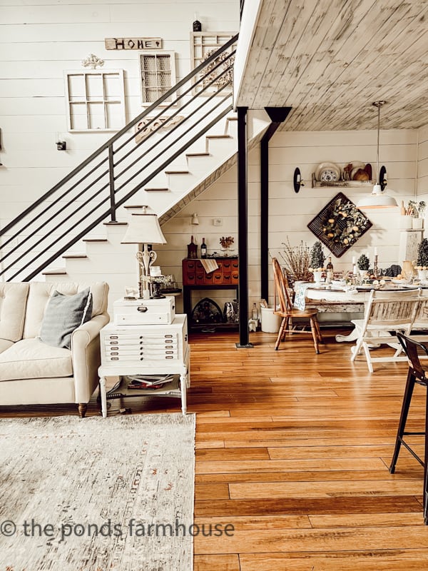 Stair Case and dining area decorated for Farmhouse Spring Decorating Tour