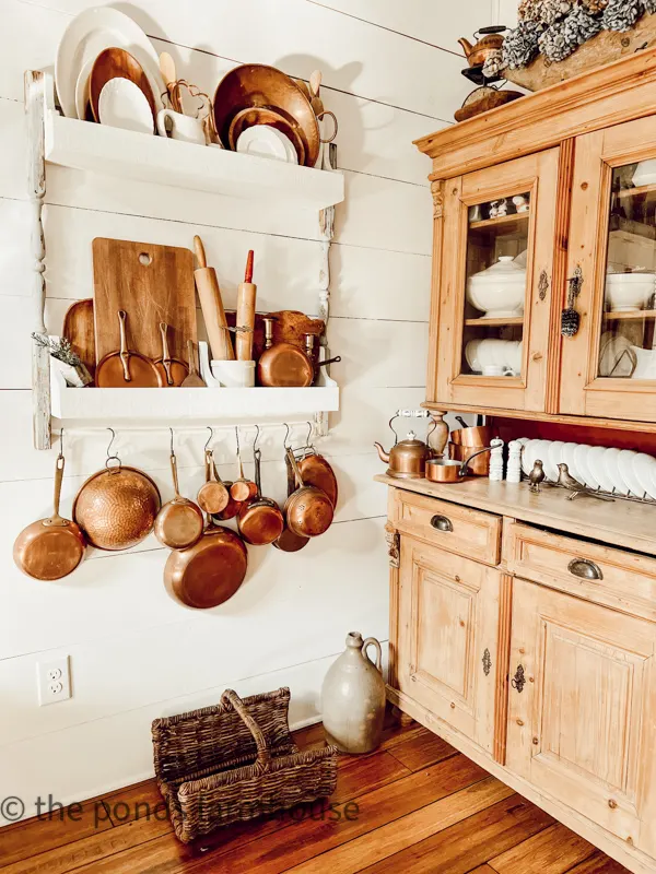 Plate Rack DIY with honey pine antique hutch fill the corner of farmhouse kitchen.  Country Chic decorating ideas.