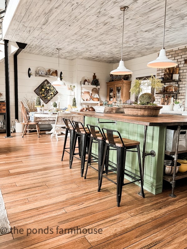 Industrial Pipe Holds the Islands Dining Area and Open Shelving for Storage for Industrial Farmhouse Kitchen