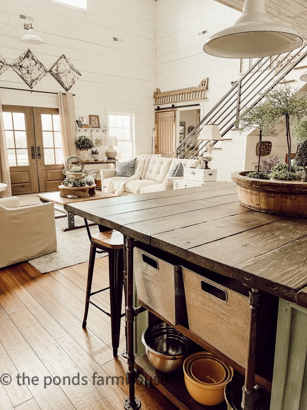 View of living area from kitchen on farmhouse tour. 