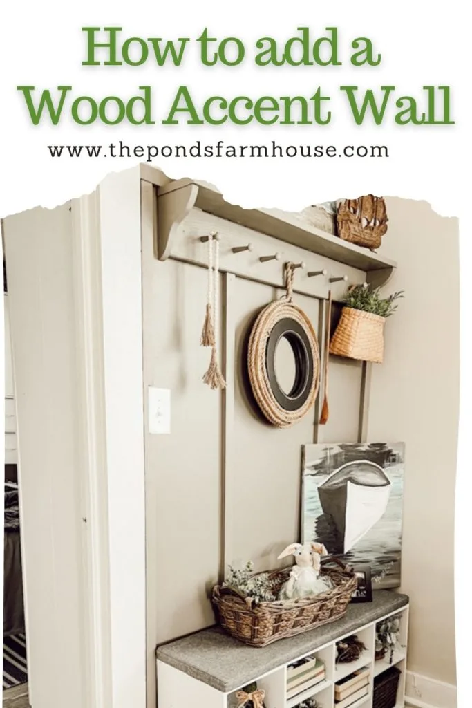 How To Ad A Wood accent wall to tiny house beach cottage remodel.  Shelf filled with coastal farmhouse decor.
