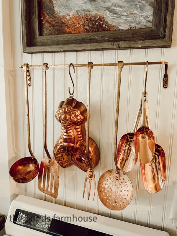 Vintage Copper utensils to decorate for Farmhouse Coastal Decor