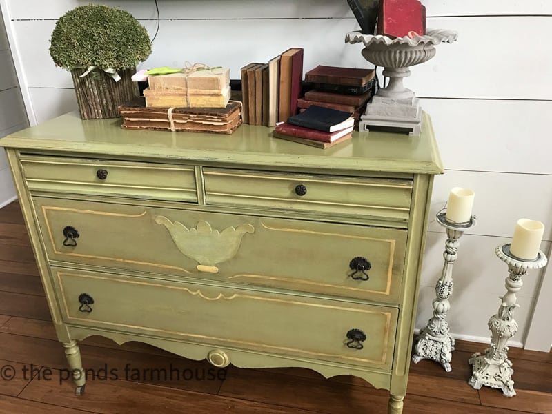 Antique Dresser painted green from vintage thrift store.  