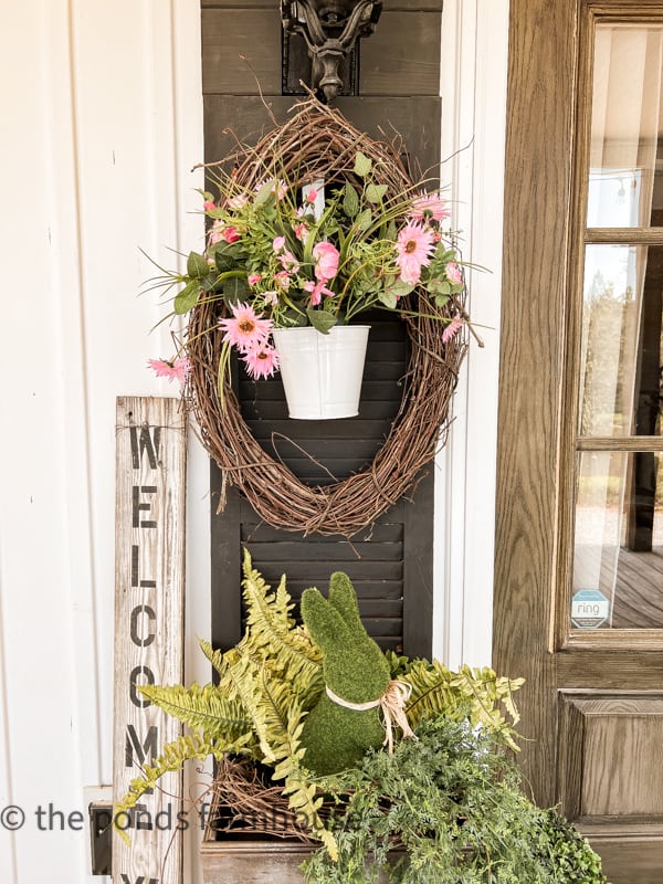 Spring Porch Ideas with moss bunny and wreath.