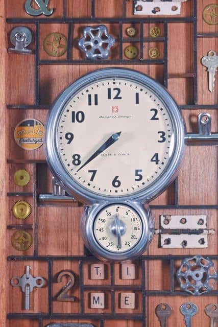 Vintage clock with timer. Upcycled clock. Unique wall clock.