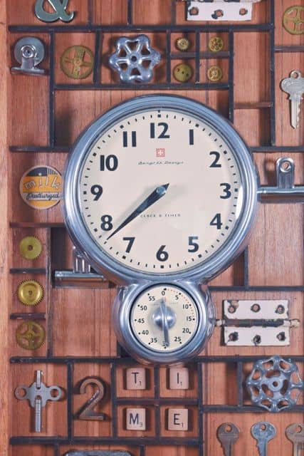 Vintage clock with timer. Upcycled decorating ideas with vintage clock. Unique wall clock.