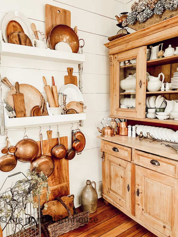 How to Decorate Open Shelves in Kitchen.  DIY Plate Rack and Antique HOney Pine Hutch with copper and white ironstone.
