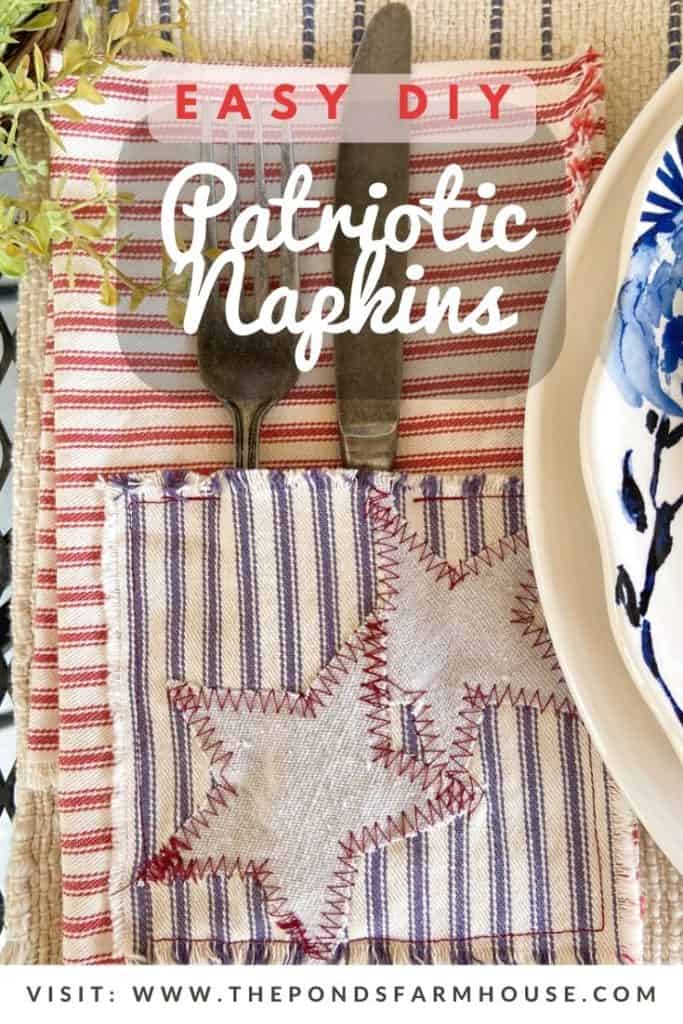DIY Scrap Fabric Craft: Ticking Fabric Napkins with cutlery pockets for Patriotic Tablescapes.