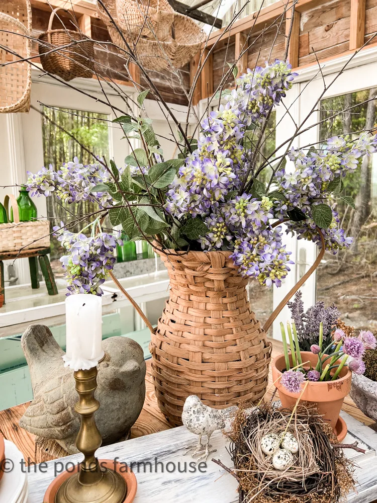 basket centerpiece ideas - Greenhouse tablescape - Hanging wicker baskets