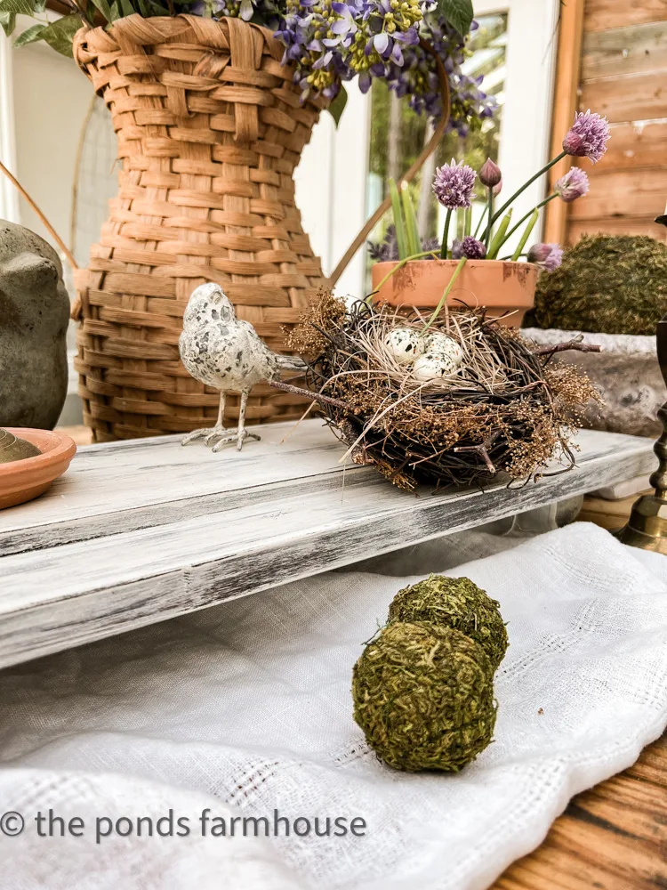 DIY Wooden Riser for centerpiece - Faux bird and egg nest - wicker basket