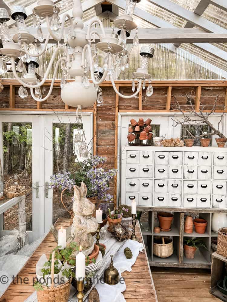 Greenhouse table and DIY projects Greenhouse tablescape - repurposed IKEA cabinet.