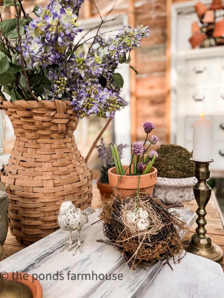 Basket Vase for Spring Centerpiece - spring concrete bird and eggs.