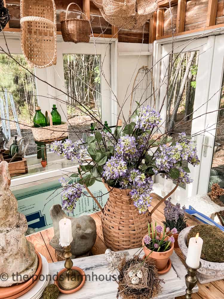 Basket Vase for Spring Centerpiece - Greenhouse tablescape 