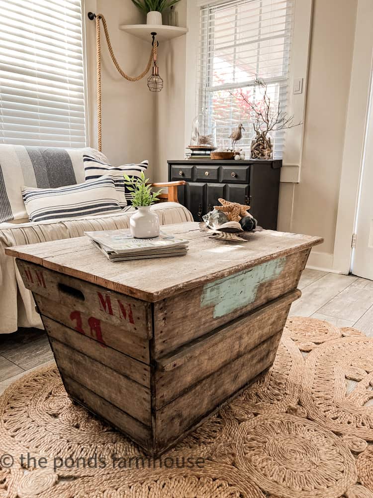 European wine crate transformed into coffee table. Ivey Cottage find Wilmington NC.