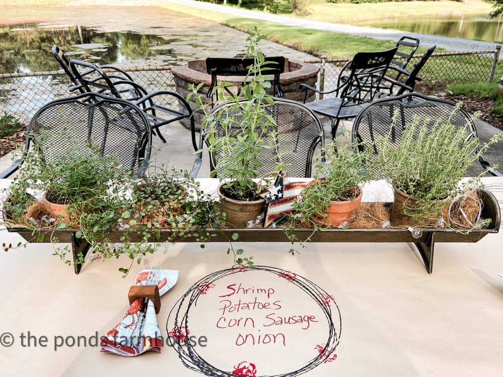 Easy centerpiece ideas at the ponds. Outdoor fire pit. Homemade table cloth with menu printed