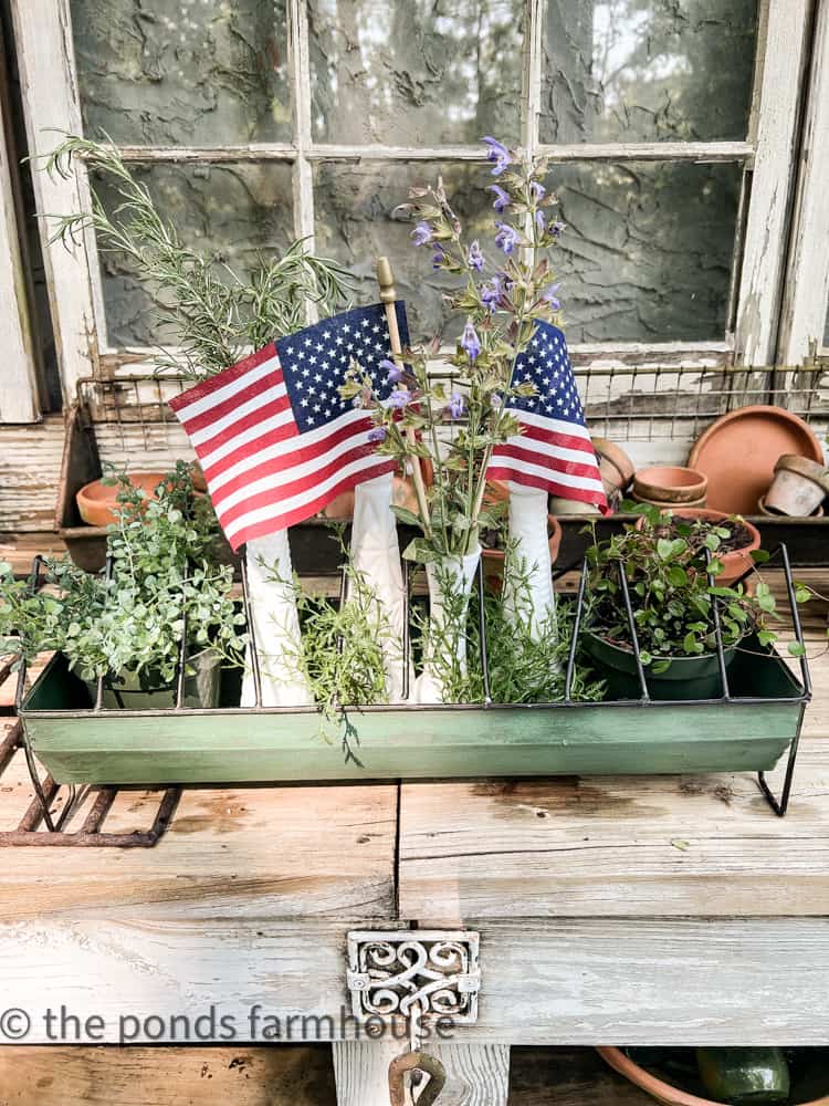Place cut herbs in milk glass vases and add flags How to Make Herbal Centerpiece ideas