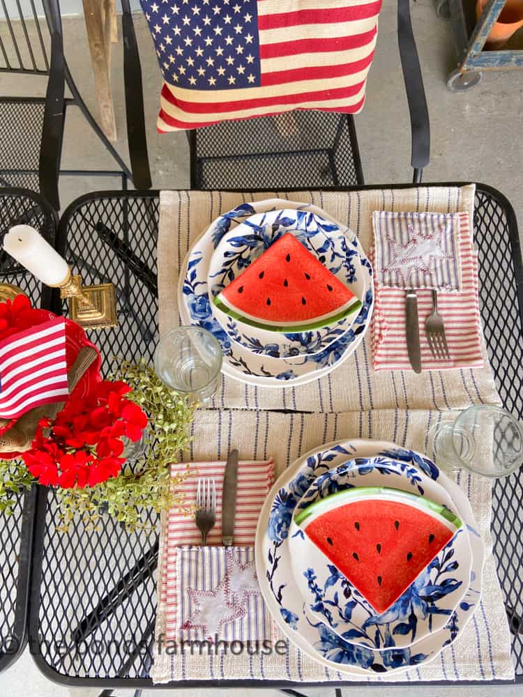 Patriotic DIY Decorations to make now.  DIY Patriotic Napkins made from ticking fabric and drop cloth fabric.  