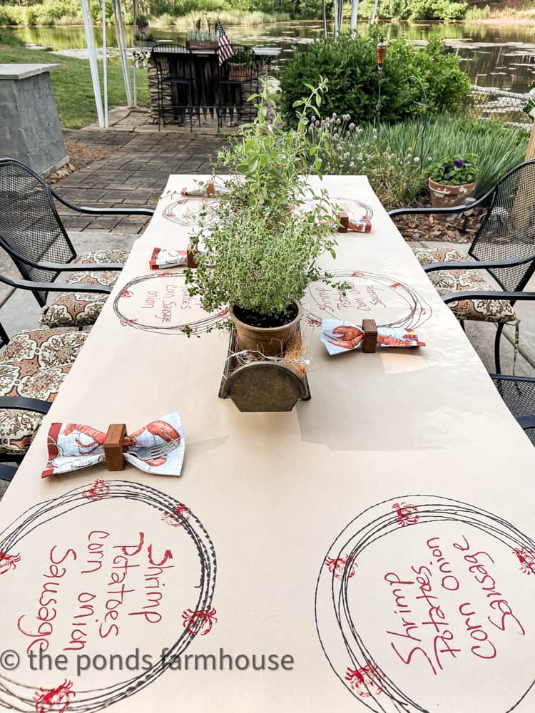 Outdoor summer table runner for low country boil or Frogmore stew, shrimp boil.