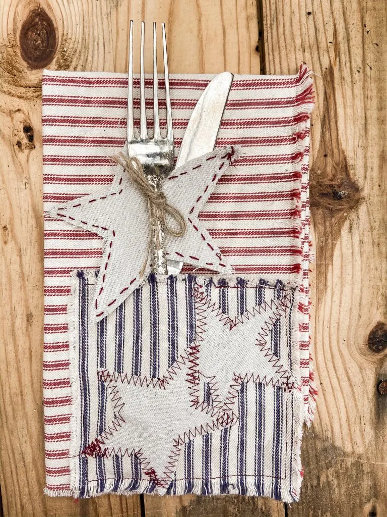 Patriotic DIY Napkins from ticking fabric with cutlery pockets.  