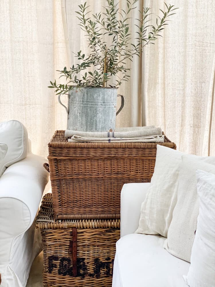 Wicker basket with galvanized planter