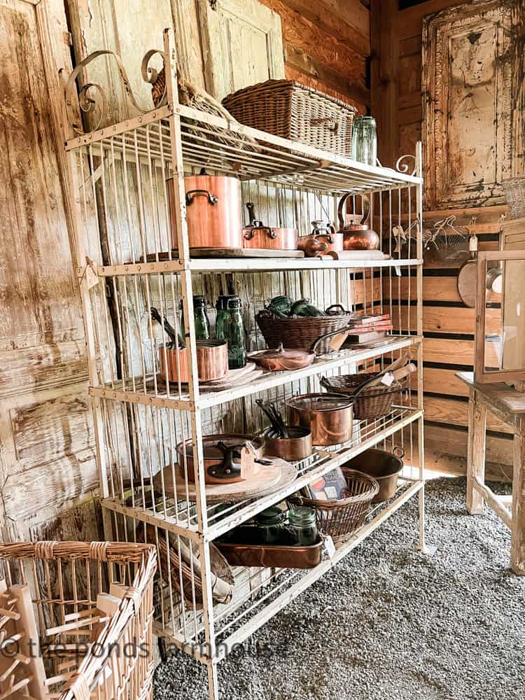 Display at recent barn sale - antique racking, antique copper pots