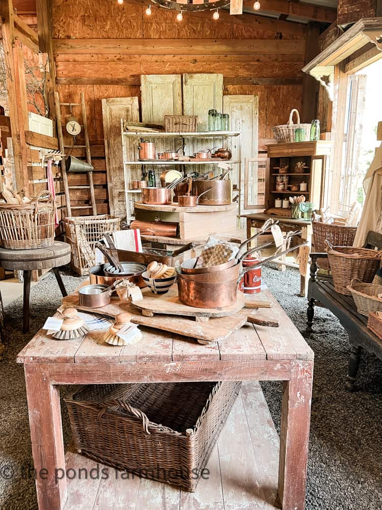 Vintage sale - vintage table - vintage bread boards - barn sale treasures - copper pots