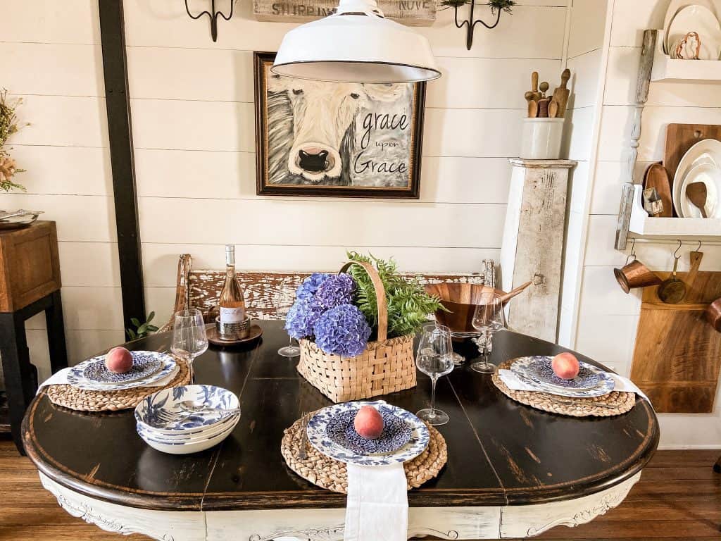 Simple Summer Tablescape with blue hydrangeas and blue and white dishes.  