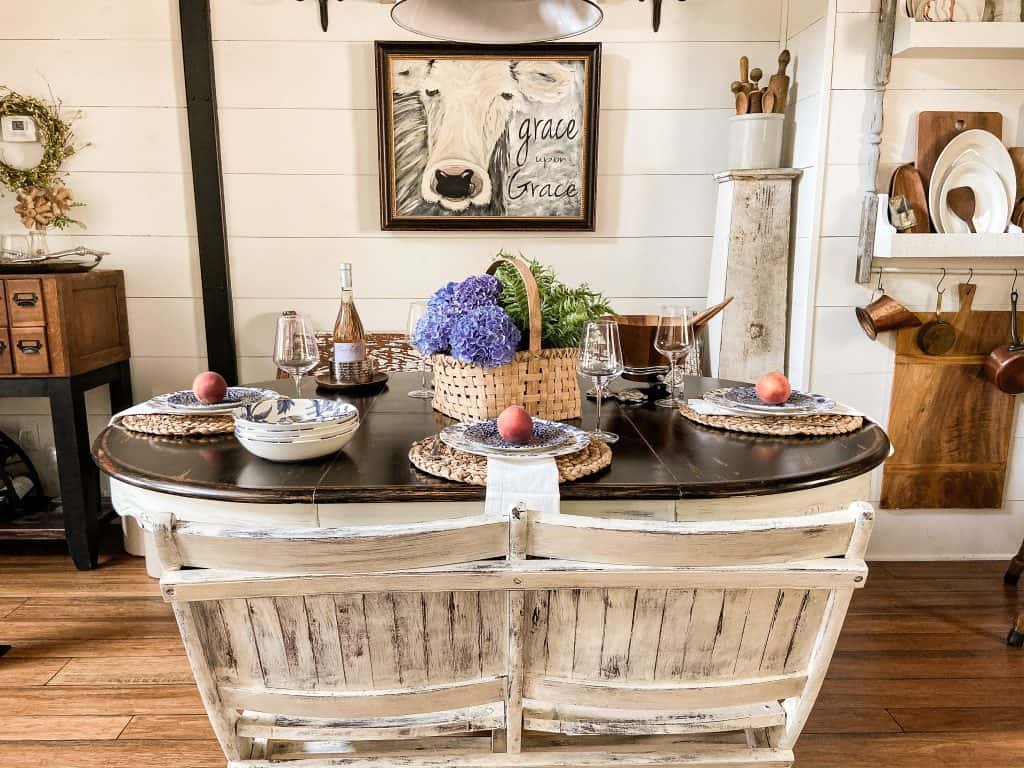 Farmhouse Style Table set for Summer Entertaining.  Blue and white tableware. 