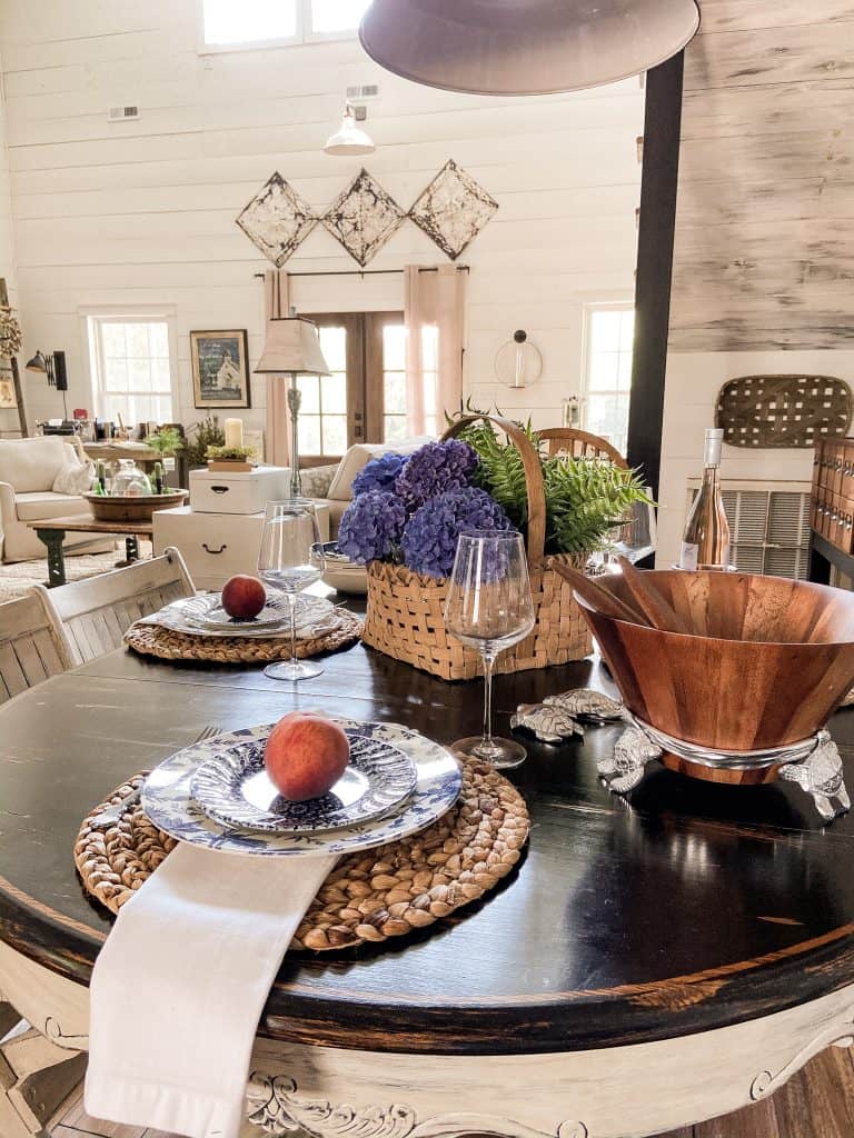 Summer Blues Tablescape with basket and woven placemats for added texture. Cottage style tablescape.