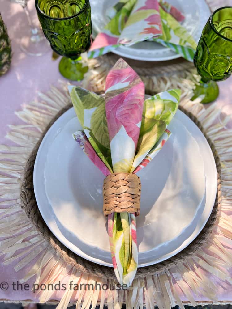 How to fold a tulip napkin fold for a luau party.  The DIY placemats with raffia trim.  