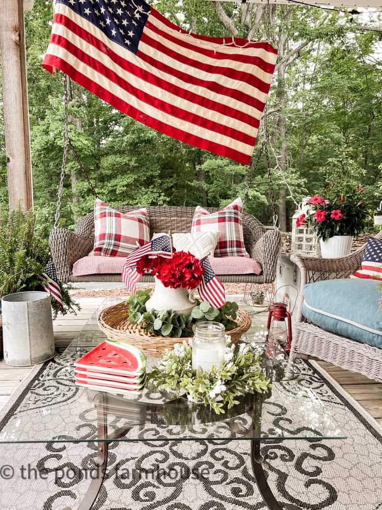Patriotic Porch Decorations for The 4th of July, patriotic porch swing, watermelon plates