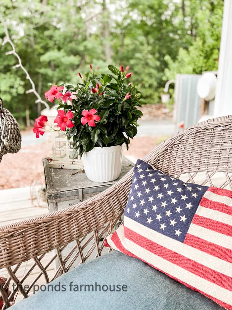 American flag pillow. Wicker furniture. Metal box side table.