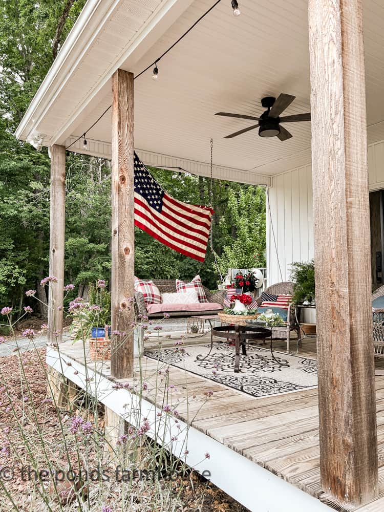 Patriotic Porch Decorations for The 4th of July with vintage American Flag, outdoor ceiling fan, outdoor rug