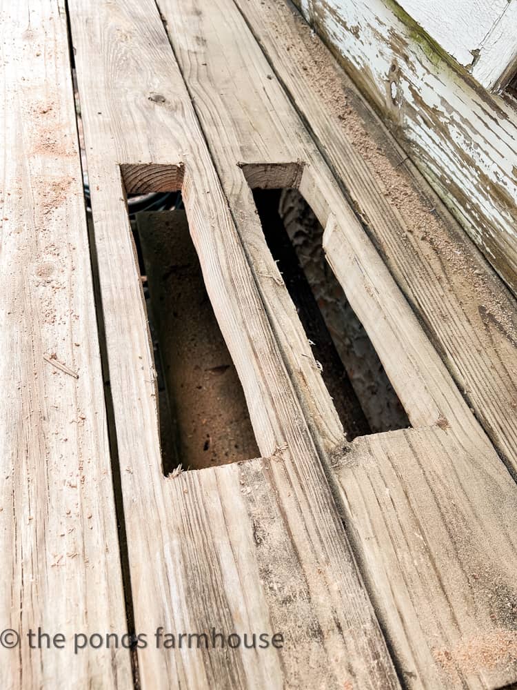 Cut Drainage Slots in Potting Bench, preparing for water saving tub in potting bench