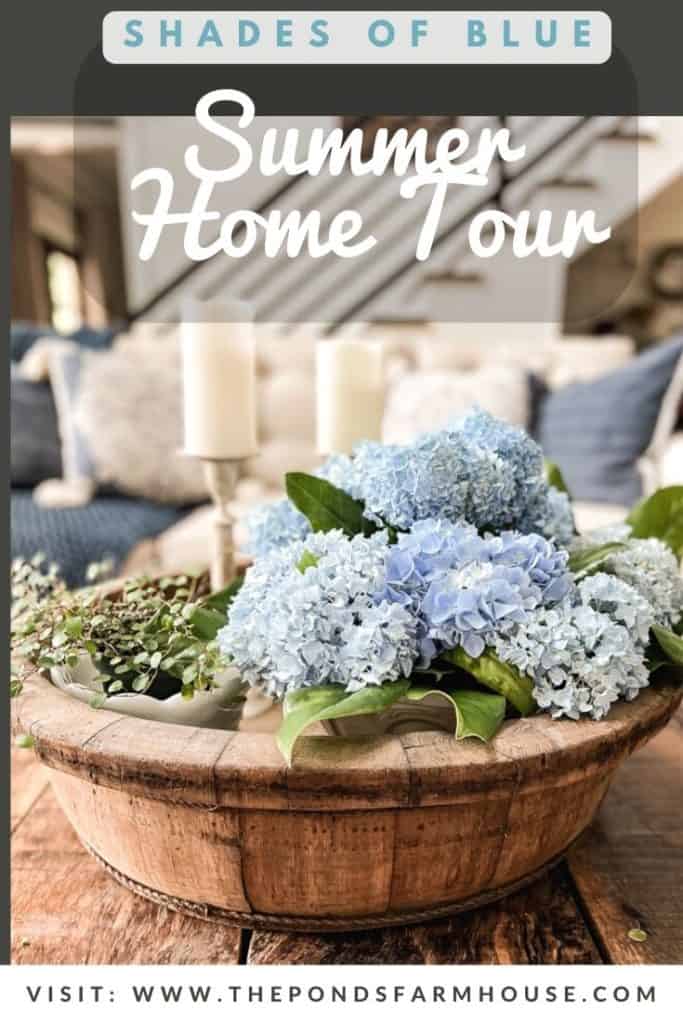 Blue Decor in Summer Home Tour - vintage bowl with flowers - farmhouse decorations 