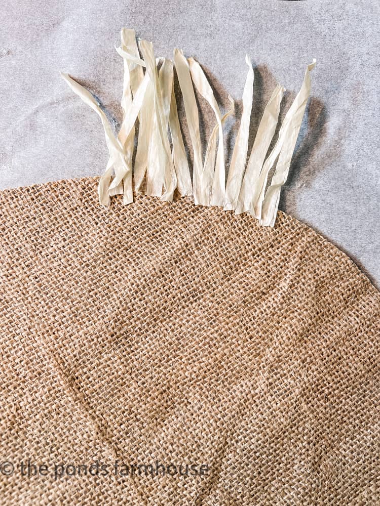 Using hot glue add 2 inches pieces of raffia around the edges of the round placemat